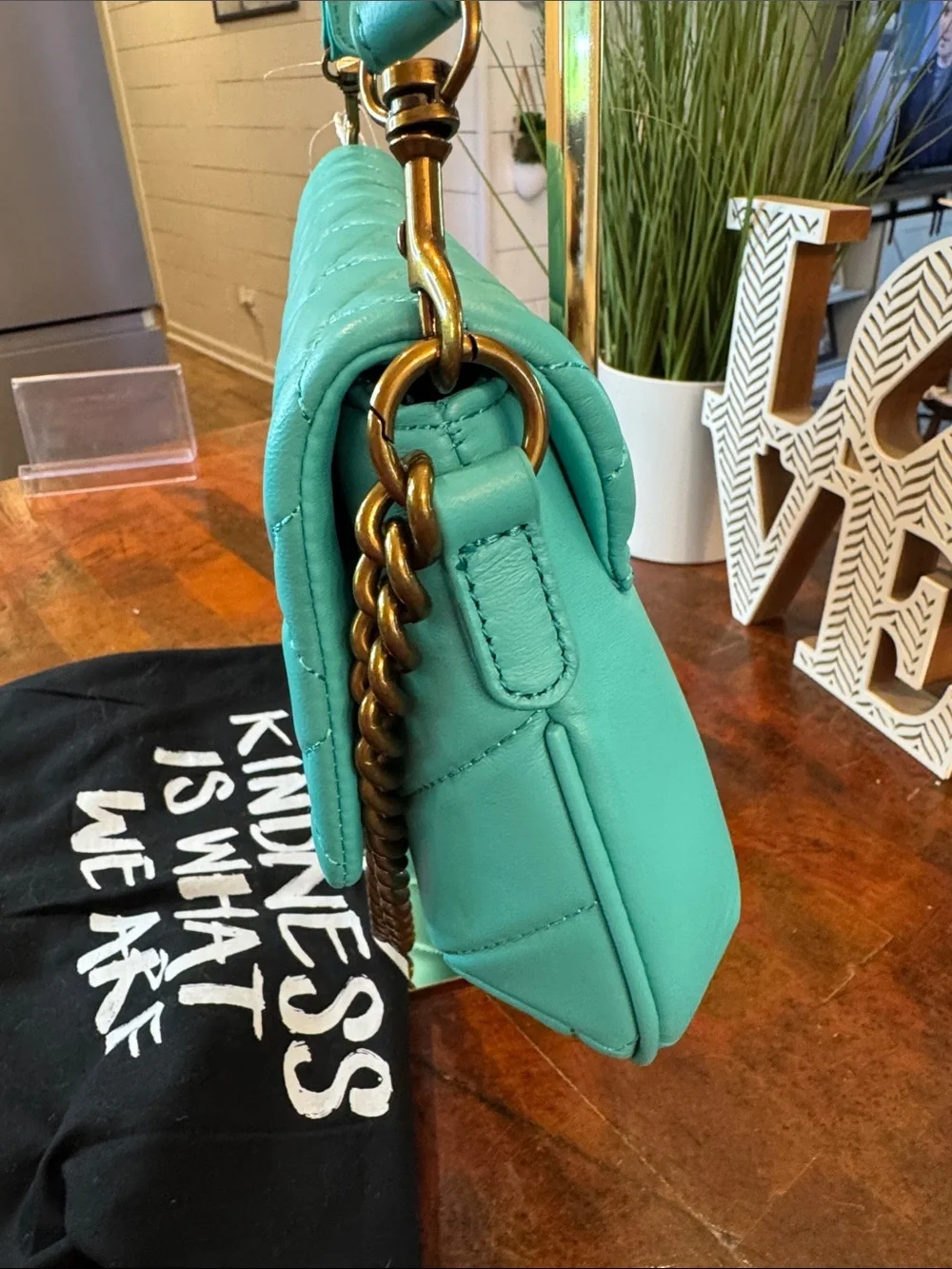 Kurt Geiger Turquoise Quilted Shoulder Bag with Gold Chain